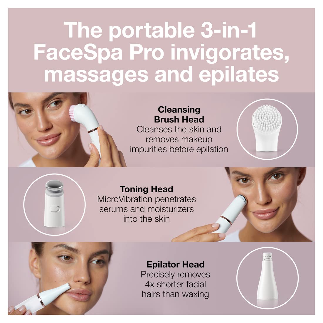 Braun Face Epilator Facespa Pro 911, Facial Hair Removal for Women, Hair Removal Device, 3-in-1 Epilating, Cleansing Brush and Skin Toning with 3 extras