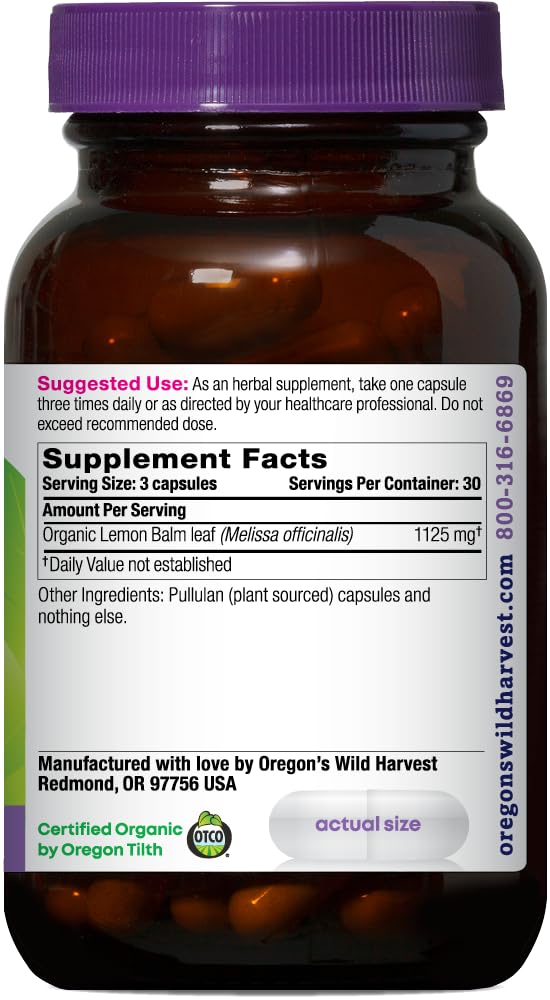 Oregon's Wild Harvest, Certified Organic Lemon Balm, Herbal Supplement Vegan Supplement, 1125 MGS, 90 Count…
