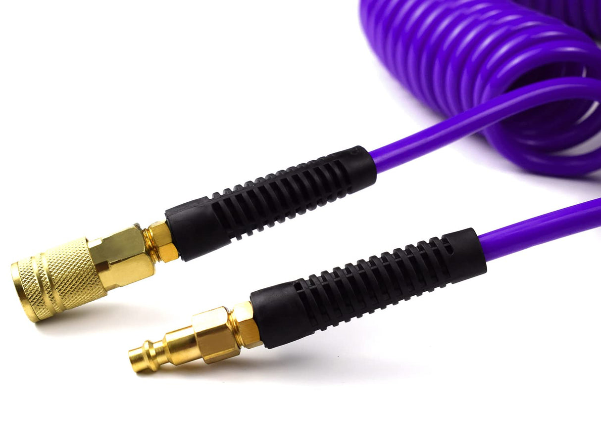 YOTOO Polyurethane Recoil Air Hose, Air Compressor Hose 1/4" Inner Diameter by 25' Long with Bend Restrictor, 1/4" Industrial Quick Coupler and Plug, Purple