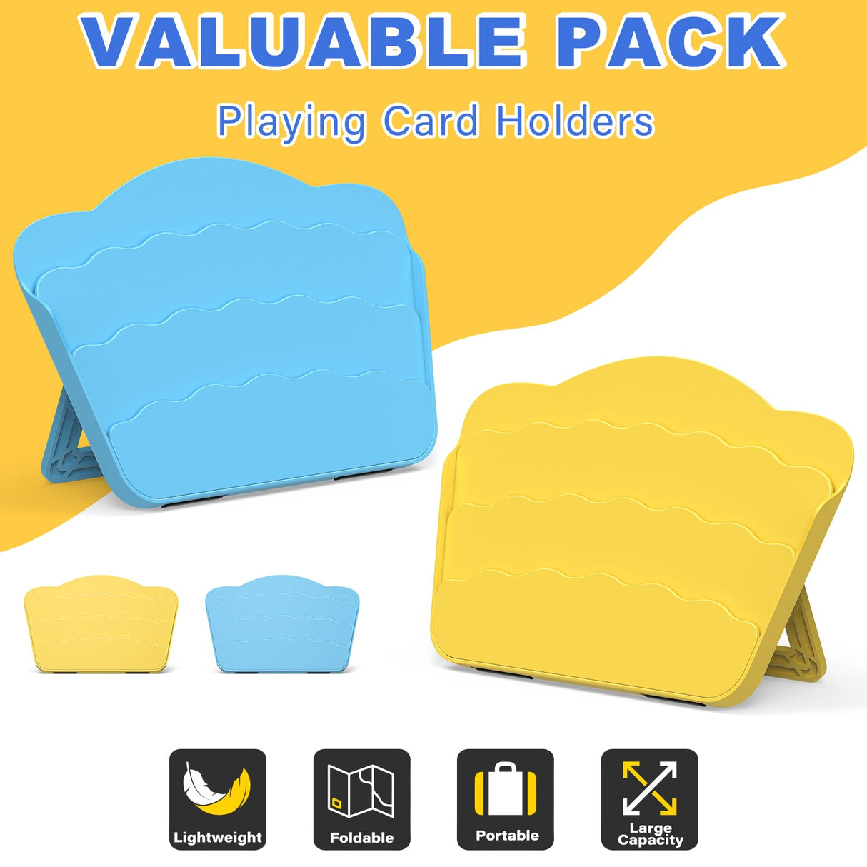 RESOVO Playing Cards Holders Stands Decks w/Foldable Tabletop Stand, 3 Layers Design for Poker UNO Cards, Playing Card Accessories, Set of 4 (2 Blue + 2 Yellow)