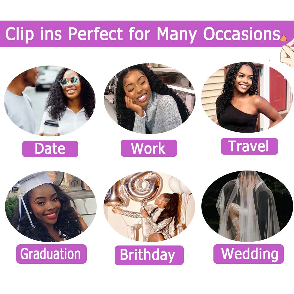 Curly Clip In Extension Human Hair 3C 4A Kinky Curly Clip Ins Full Head for Black Women Brazilian Remy Human Hair Natural Color 8Pcs with18clips 120g/Set (20 inch, curly wave)