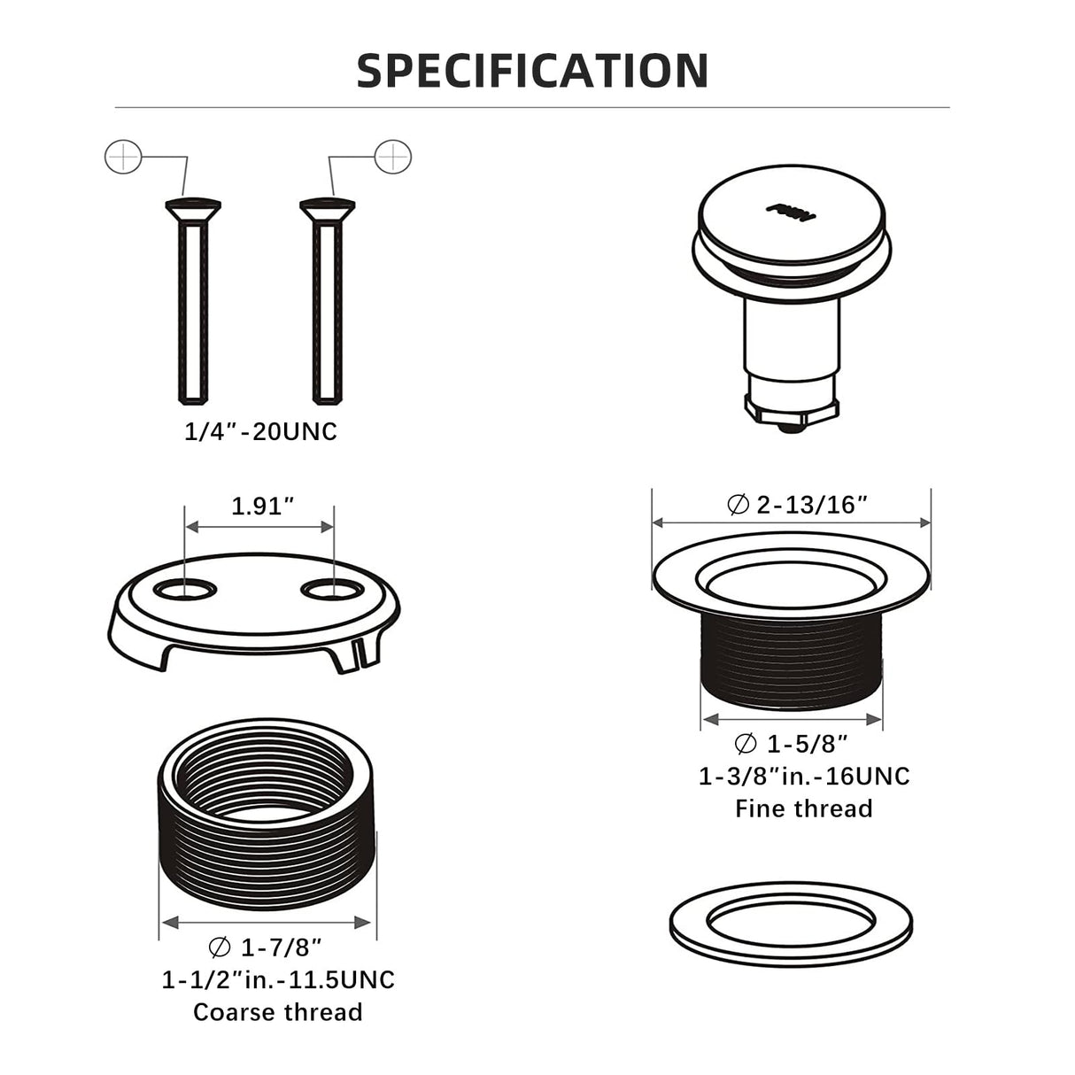 All Metal Tip-Toe Bathtub Drain Kit with Two-Hole Overflow Faceplate and Universal Fine/Coarse Thread Assembly, Bath Tub Drain Kit fits All Bathtub -Brushed Nickel