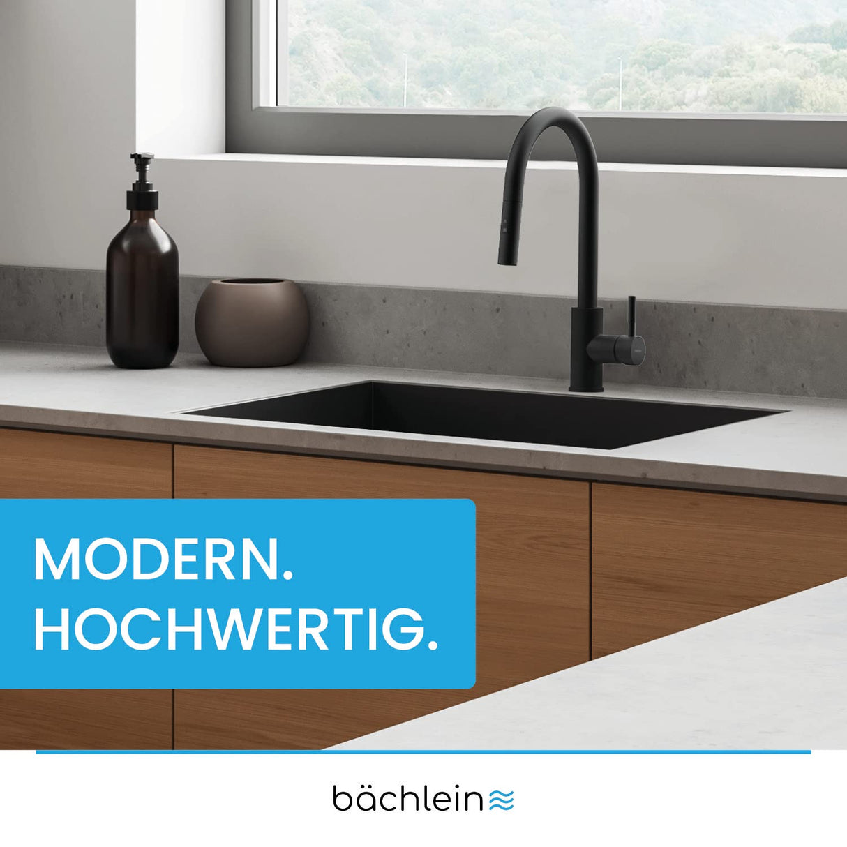 Bächlein Kitchen tap 360° rotatable (matt black) – single-hand basin tap made of stainless steel with pull-out hose and spray head with switch knob, tap for the kitchen