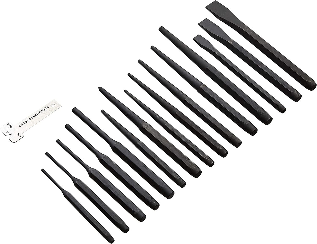 Amazon Basics 16-Piece Chrome Vanadium Steel Punch and Chisel Set with Storage Pouch, Cold Chisel, Pin Punch, Center Punch