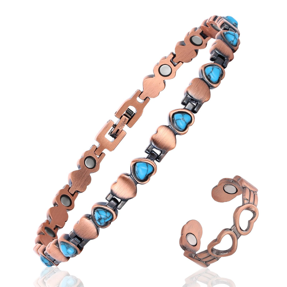 MagEnergy Copper Anklet for Women& Lymphatic Drainage Ring, Turquoise Magnetic Ankle Bracelet with 3500 Gauss Magnets, 99.99% Pure Copper Anklet, Adjustable, Jewelry Gift Box (Free Sizing Tool)