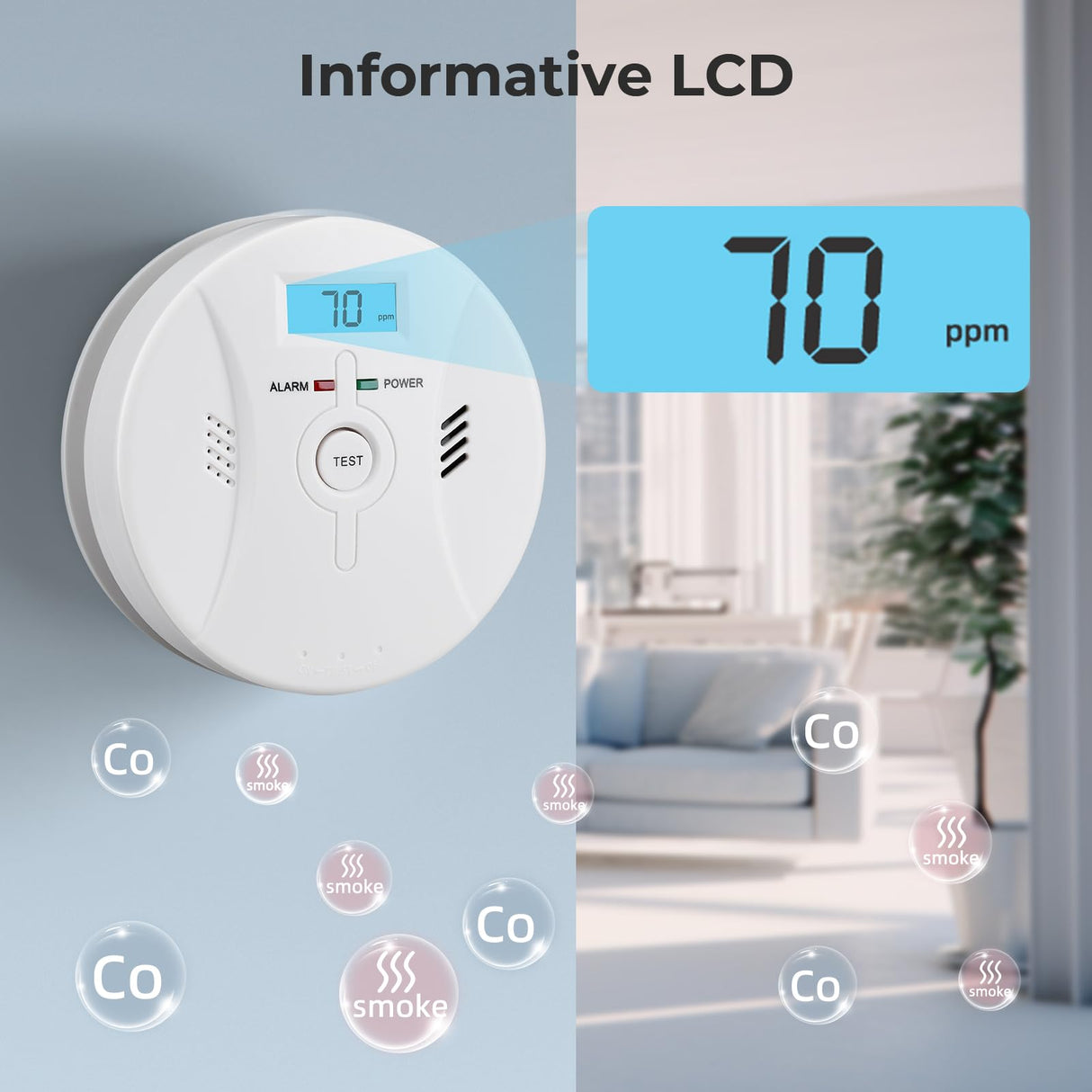 SHYEEH Smoke and Carbon Monoxide Detectors, Combination Smoke Alarm and Carbon Monoxide Detector Battery Powered, CO Detector Alarm with Sensitive Sensor, Sound Warning and LCD Display, CDR-803