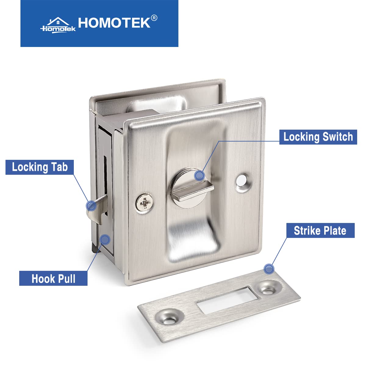 HOMOTEK 4 Pack Privacy Pocket Door Lock Hardware with Pull Pocket & Bi-Fold Door Hardware- Replace Old Or Damaged Sliding Door Locks, 2-3/4”x2-1/2”, for 1-3/8” Thickness Door, Brushed Nickel