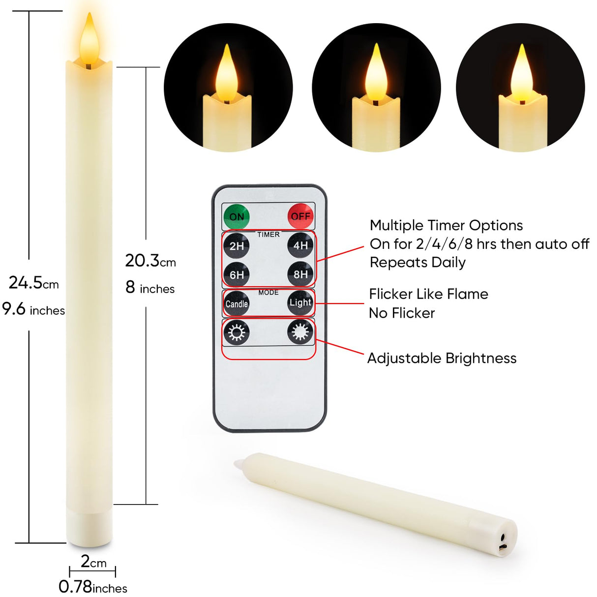 Homemory Rechargeable Flameless Taper Candles, Real Waxy LED Candlesticks Flickering, Battery Operated Candles with Remote Timer, 9.6 Inches for Home Wedding Christmas Decor, 6 Pcs, Ivory