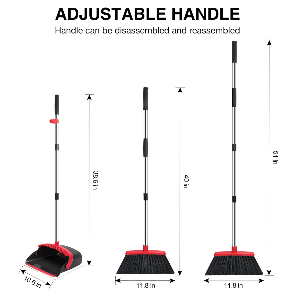 NACENA Broom and Dustpan Set, 52-in Long Adjustable Handle Broom Dustpan Combo with Dustpan Teeth to Automatically Clean Hair Suitable for Home Kitchen Office Hall Floor(Black&Red)