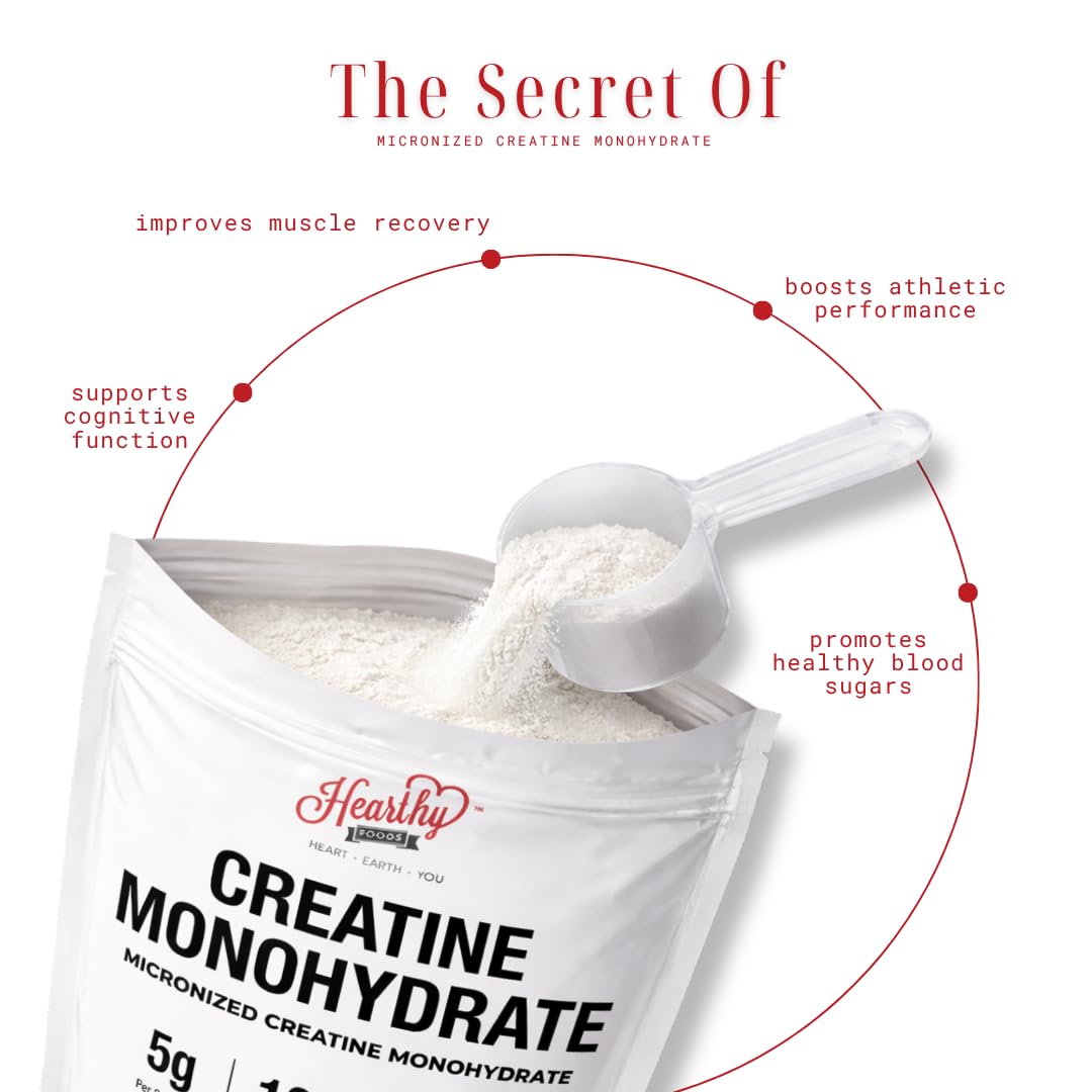 HEARTHY FOODS Creatine Monohydrate Micronized Powder 500G - 100 Servings, 5000mg Per Serving (5g) - for Men & Women Muscle Growth & Recovery - UNFLAVORED
