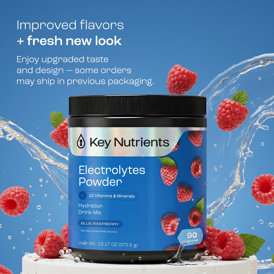 KEY NUTRIENTS Multivitamin Electrolytes Powder No Sugar - Sweet Blue Raspberry Electrolyte Powder - Endurance & Energy Supplement - Hydration Powder - No Calories - 90 Servings - Made in USA