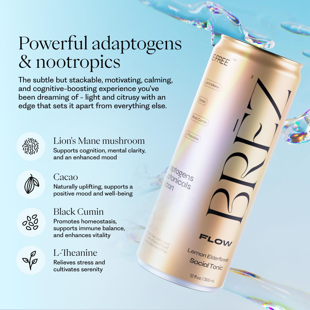 BREZ FLOW Lion’s Mane Mushroom Drink, 6-Pack, Non-Infused, Adaptogens, Relieving, Uplifting, and Social, Sparkling Lemon Elderflower Tonic 12 Fl oz
