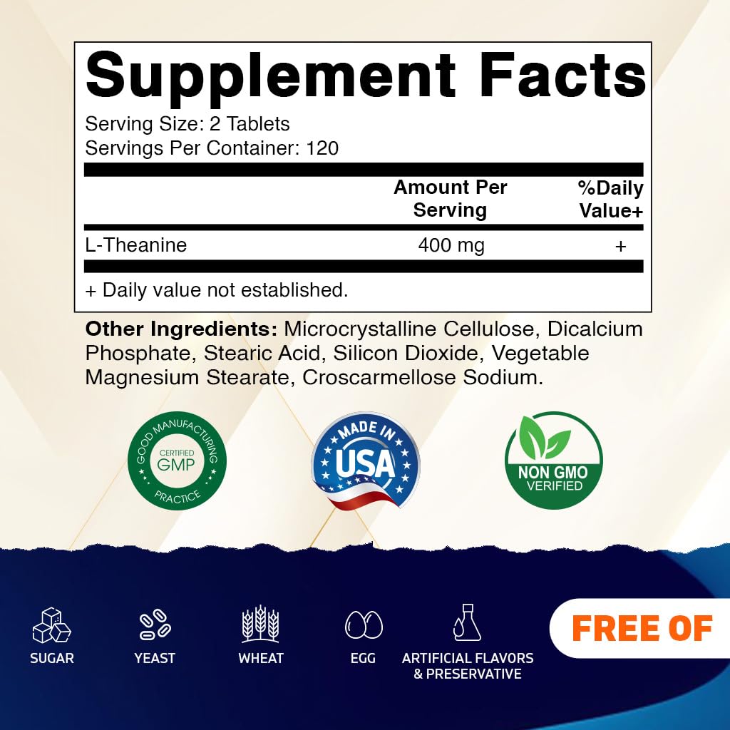 Vitamatic L-Theanine Supplement 400mg per Serving - 240 Tablets - Non-GMO, Gluten Free