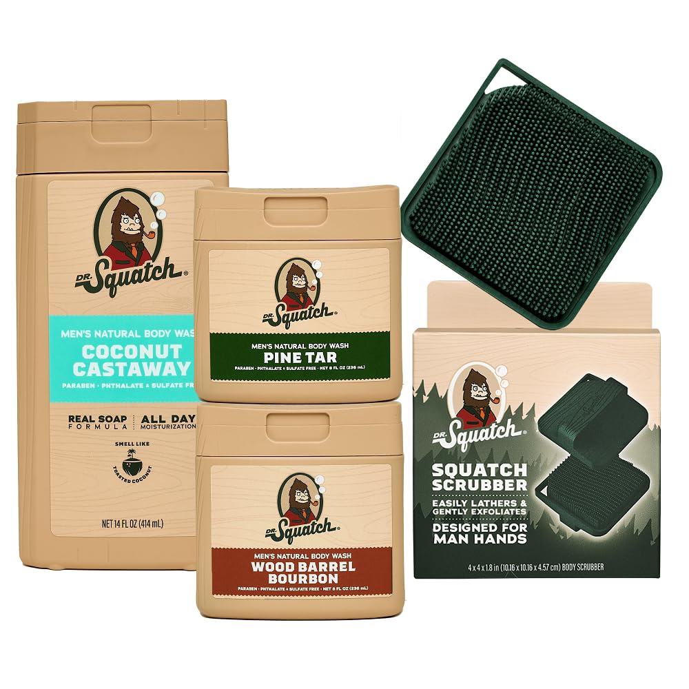 Dr. Squatch NEW Body Wash for Men with Nourishing, Natural Ingredients | No Paraben, Phthalate, Sulfate | Coconut Castaway (14 oz), Wood Barrel Bourbon & Pine Tar (8 oz, 2-Pack) & Body Scrubber