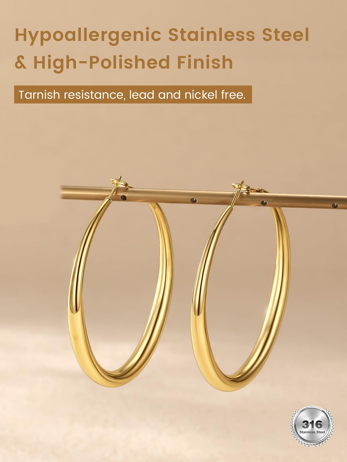 KeyStyle Large Gold Hoop Earrings for Women,5 mm Thick Big Hoop Earrings