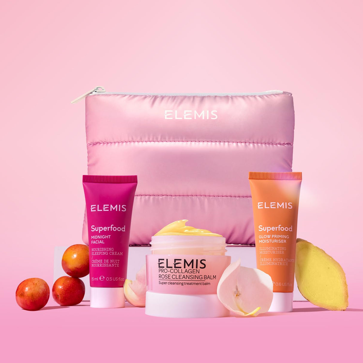 ELEMIS Way to Glow Skincare Kit, Travel Set with Travel-Size Rose Cleansing Balm, Glow Priming Moisturizer & Midnight Facial, Nourish & Illuminate Skin all day