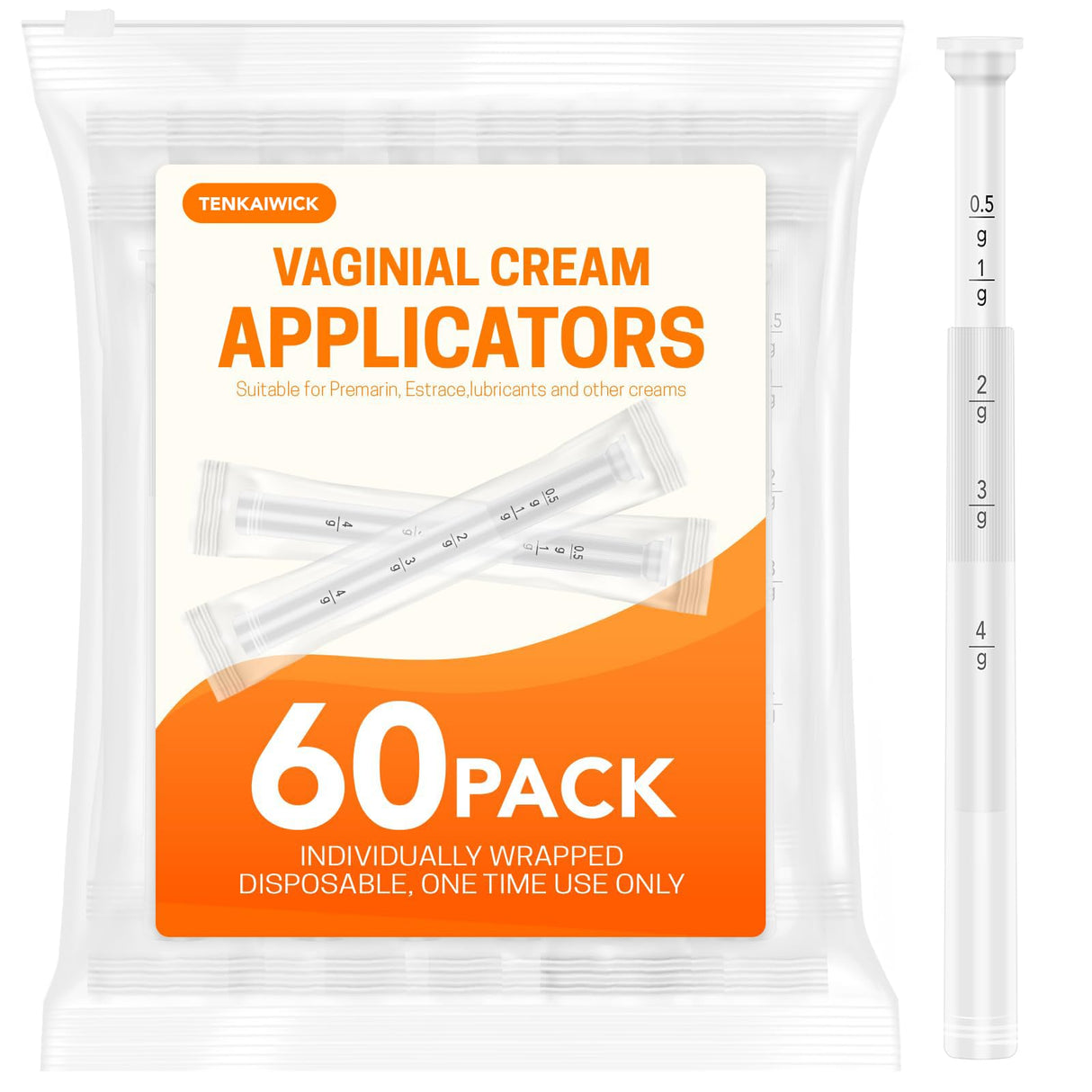 60 PACK Disposable Vaginal Suppository Applicator for Women, Fits Most Lubricants Creams Gels Pills Tablet Suppositories, Threaded End, Soft & Small Tip, with Dosage Markings, Individually Wrapped