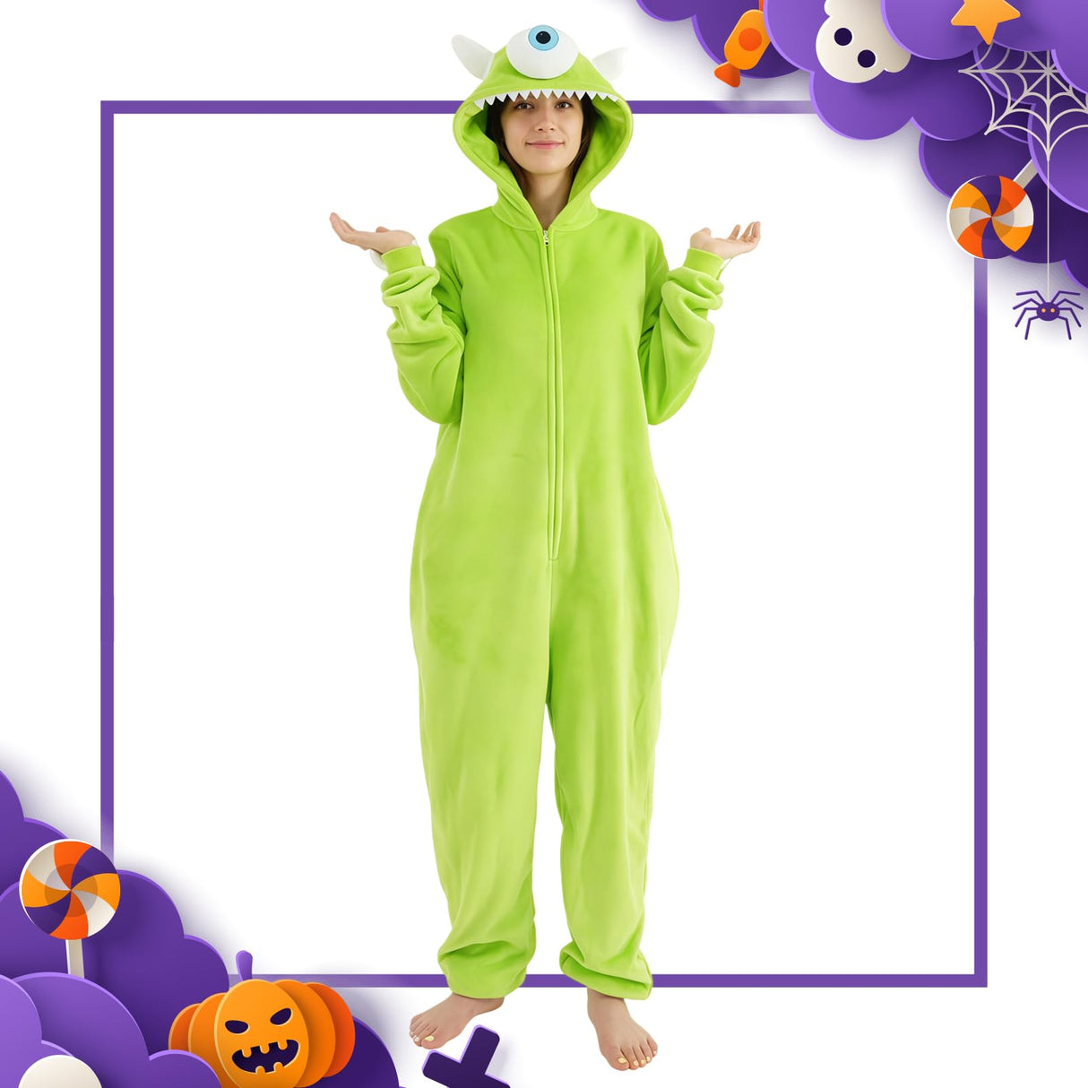 ressber Unisex Adult Onesie Pajamas Animal One Piece Halloween Costume Christmas Sleepwear Jumpsuit (US, Alpha, Small, Regular, Regular, Mike Wazowski)