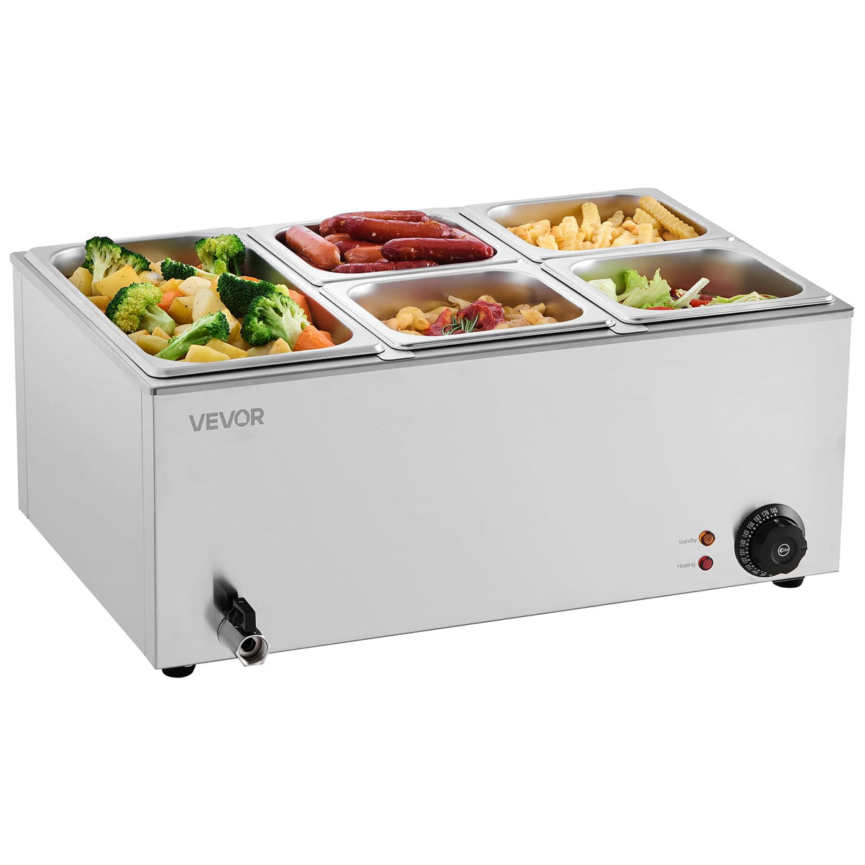 VEVOR 5-Pan Commercial Food Warmer, 24QT Electric Steam Table, 1200W Professional Countertop Stainless Steel Buffet Bain Marie with 86-185°F Temp Control for Catering and Restaurants, Silver
