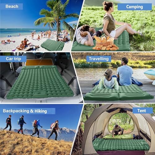 Double Sleeping Pad for Camping, Ultralight Camping Mattress with Pillow, Built-in Foot Pump, Thick Self-Inflatable 2-Person Portable Mat for Backpacking Hiking Car Traveling Beach Tent