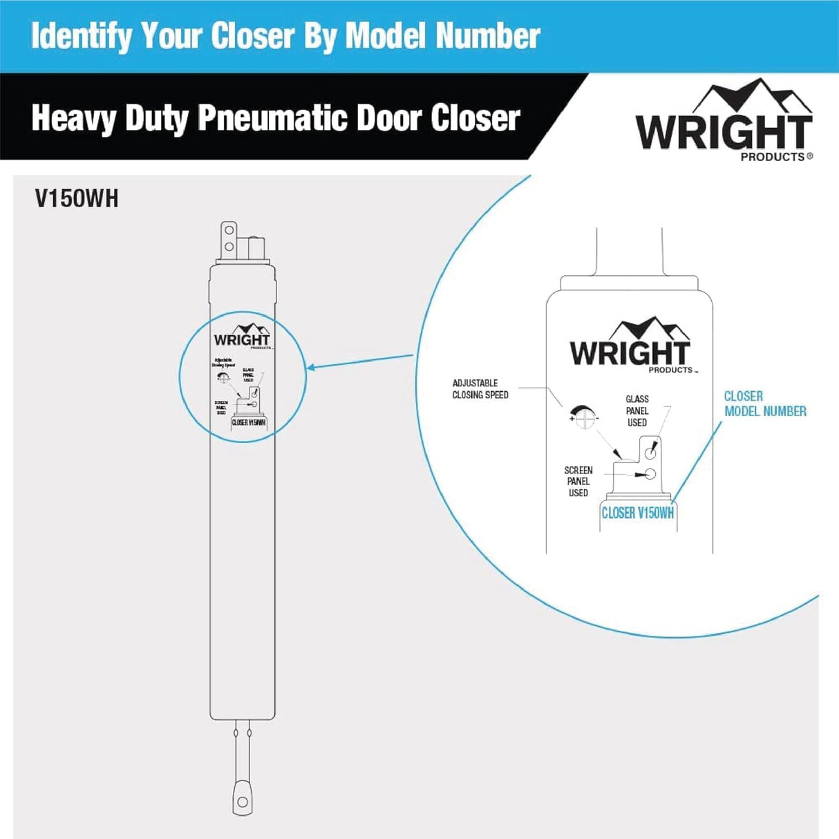 Wright Products Heavy-Duty Pneumatic Storm Door Closer – Durable, Adjustable, Quiet-Closing with Hold-Open Feature (Transitional, White)