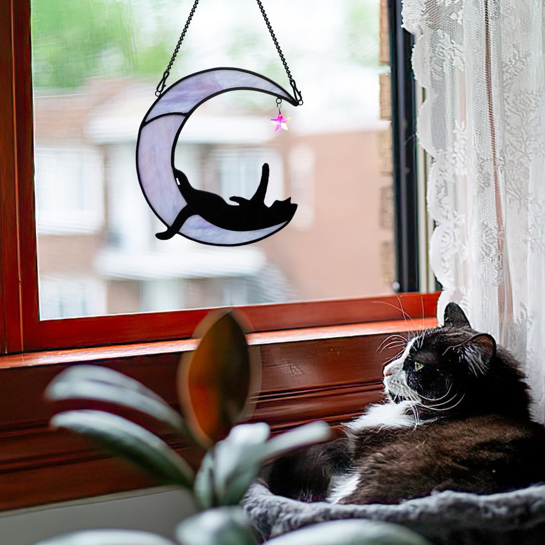 BOXCASA Black Cat Stianed Glass Suncatcher for Windows, Witchy Cat Gifts