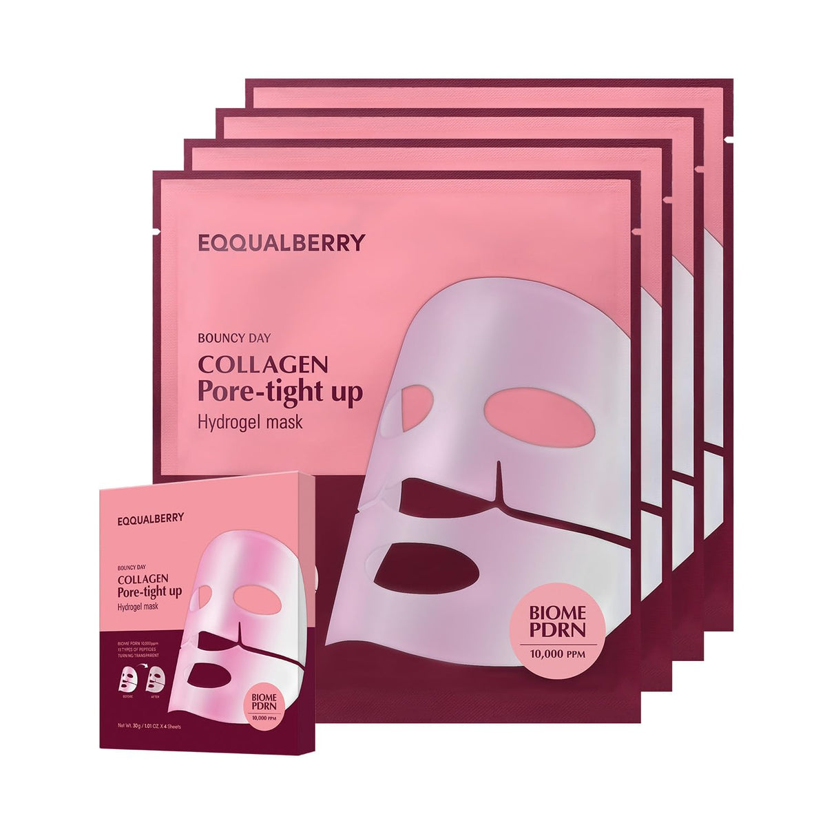 EQQUALBERRY Collagen Pore-Tight Up Mask - PDRN & Low Molecular Collagen for Pore Minimizing and Firming | Korean Collagen Face Mask for Glass Skin, 4 Sheets, 1.01 OZ.