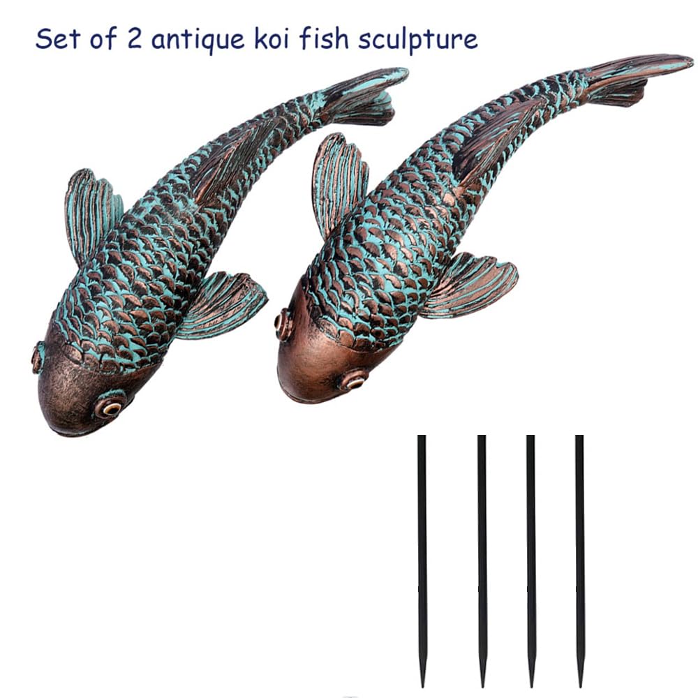 Tooyuart Garden Sculptures & Statues,Koi Fish Decor,Garden Fish Art,Set of 2 Antique Koi Fish Yard Art Decor for Outdoors,Patio,Yard,Lawn,Pond,Home Decoration (Bronz)