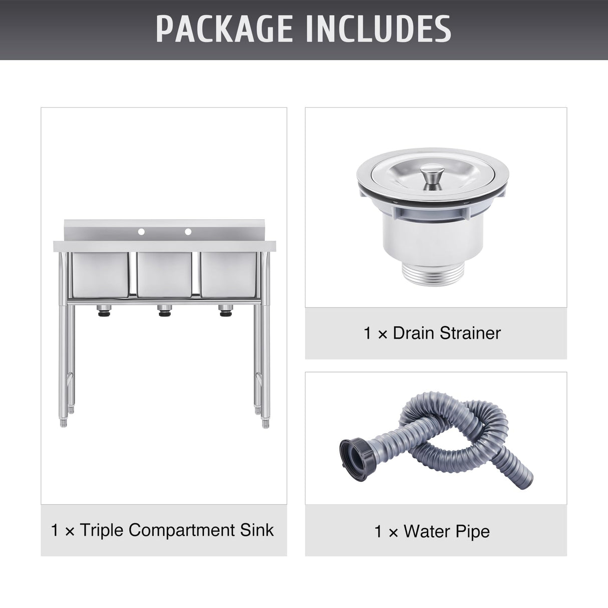 WILPREP NSF Stainless Steel 3 Compartment Commercial Sink 11x10x10 Inch Basins, Kitche Station Utility Sink for Restaurant Bar Home Laundry Room Garage
