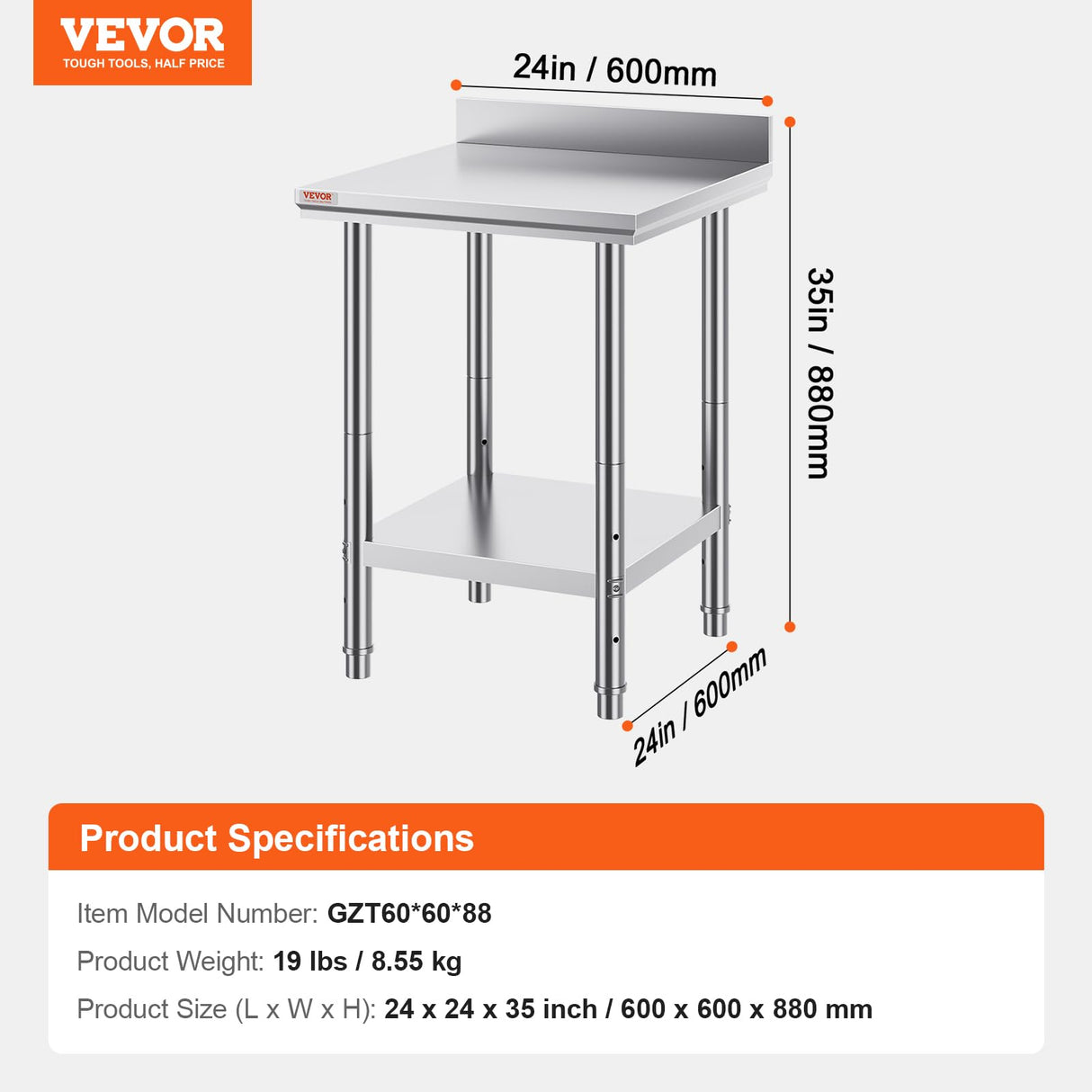 Mophorn Stainless Steel Table Work Table 24 x 24 x 34 Inch Commercial Food Prep Worktable Heavy Duty Prep Worktable Metal Work Table with Adjustable Feet for Restaurant, Home and Hotel