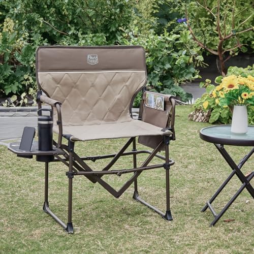 TIMBER RIDGE Heavy Duty Camping Chair with Compact Size, Portable Directors Chair with Side Table and Pocket for Camping, Lawn, Sports and Fishing, Supports Up to 400lbs, Tan