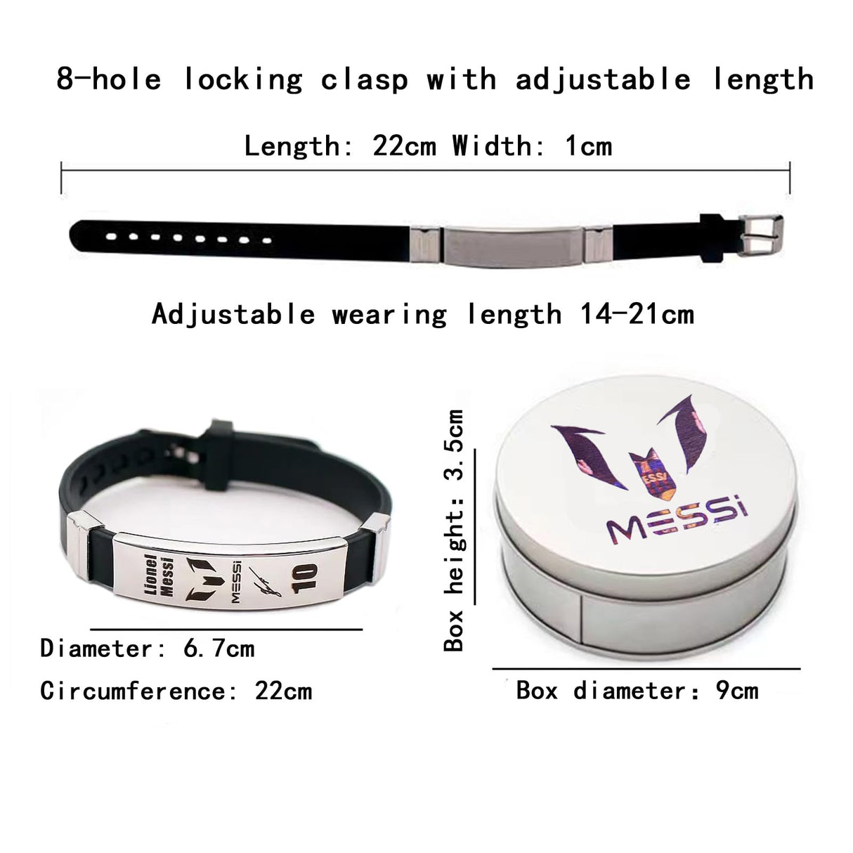 Skaisa Lionel Me-ssi signature wristbands Football bracelet, Waterproof sports rubber bracelets, Rubber wristbands, Me-ssi Memorial Collection Gift Box(black)