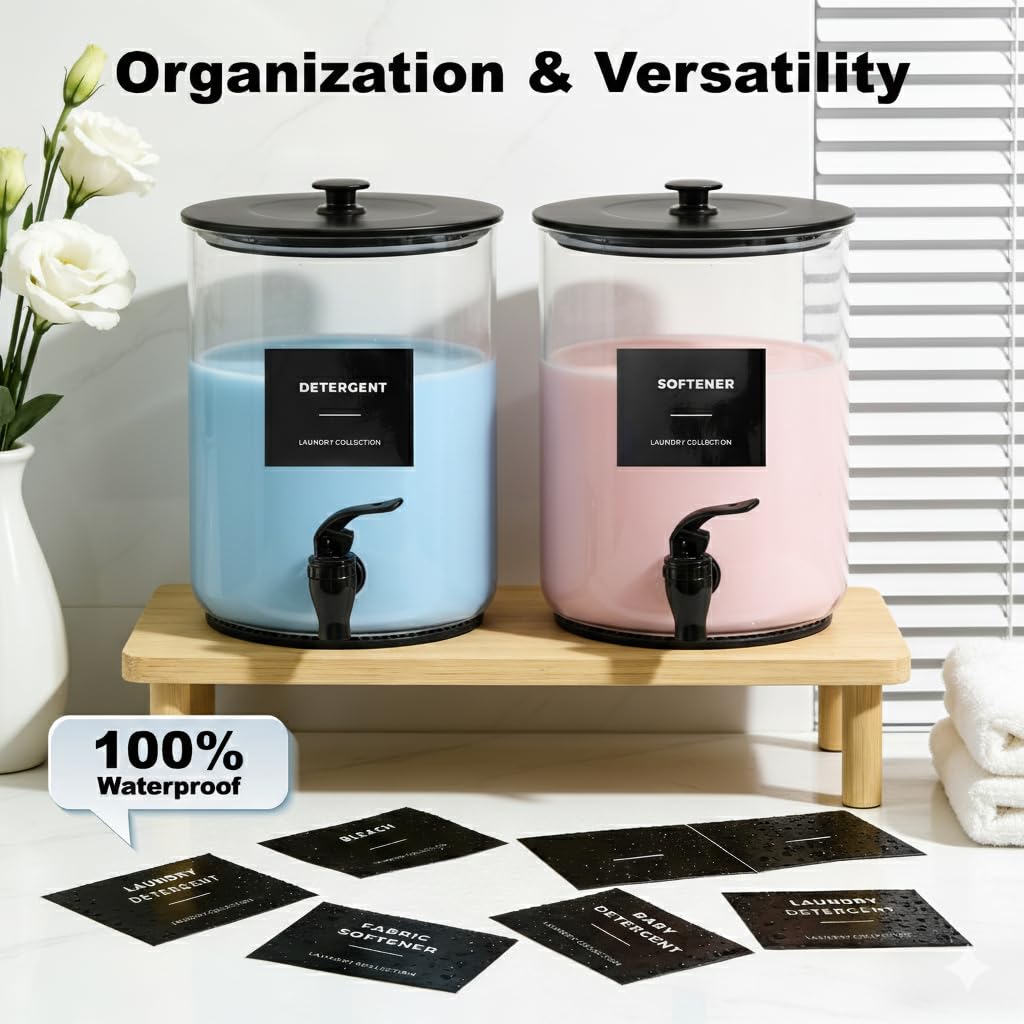 Glass Laundry Detergent Dispenser for Laundry Room Organization, 1 Gallon Large Liquid Soap Dispenser with Black Metal Lid & Leak-Proof Spigot, 2 Measured Cups, 2 Silicone Mats & 9 Labels (2, Black)