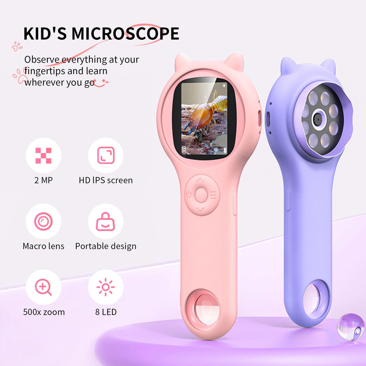 Microscope for Kids - Mini Pocket Handheld Microscope for Toddlers-STEM Educational Science Kit Toys for Christmas Birthday Gifts Toys for 5 6 7 8 9 10 11 12 Year Old Girls(Purple)