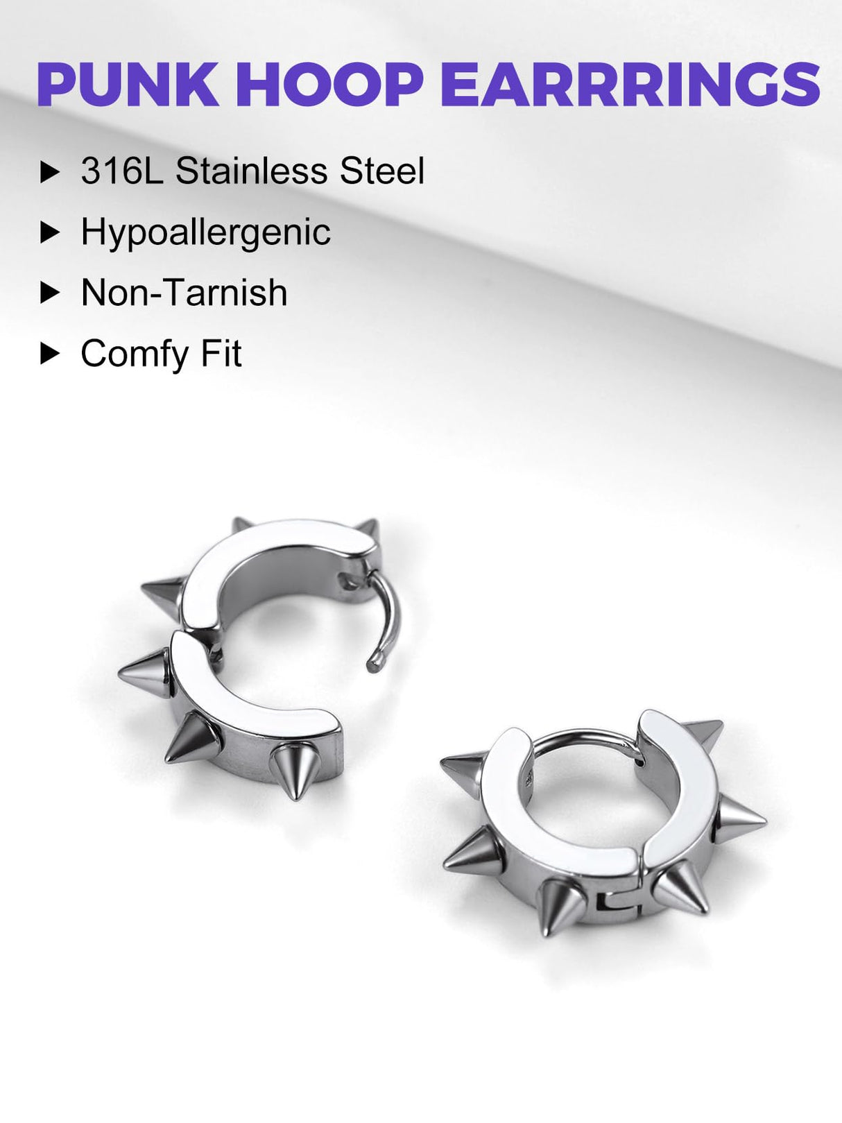Richsteel Silver Hoop Earrings for Men, Stainless Steel Punk Spike Earrings