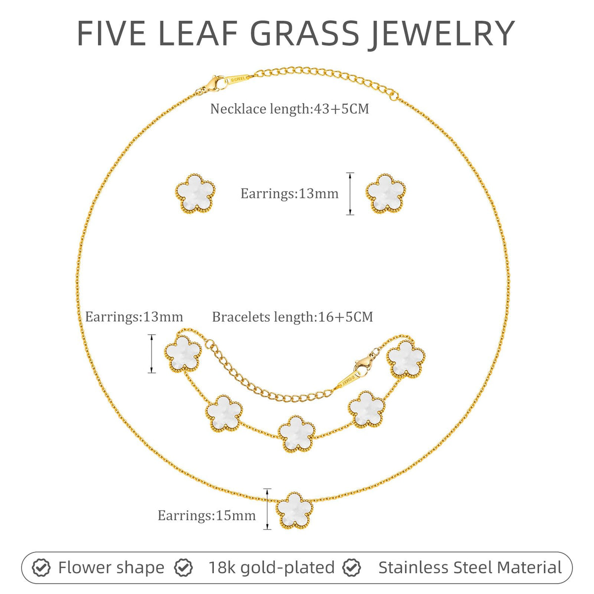 Gold Necklaces Bracelets Earring Set - 18K Gold Plated Flower Bracelet Chain,Stainless Steel Non Tarnish Floral Pendant Stud Jewelry Sets,Christmas Birthday Lucky Gift for Mom Wife Daughter Girlfriend
