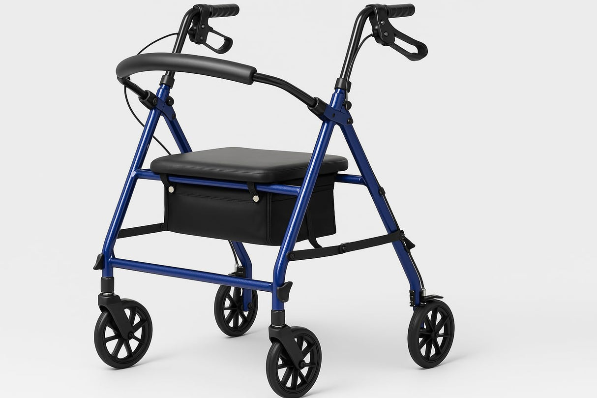 Dr. Dunley 4-Wheel Rollator Walker for Seniors FSA/HSA Eligible– Blue Rolling Walker with Seat, Hand Brakes & Storage – Heavy Duty Frame Supports 350 lbs – Foldable Mobility Aid