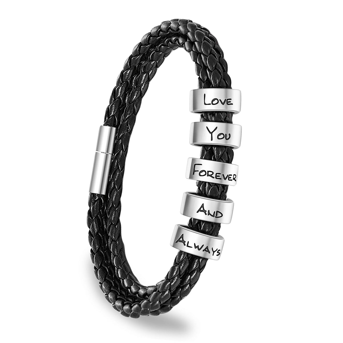 ShineSand Personalized Mens Leather Bracelet with Custom Beads, Customized Braid Leather Bracelet Engraved with Names for Men(Black, 5 Beads