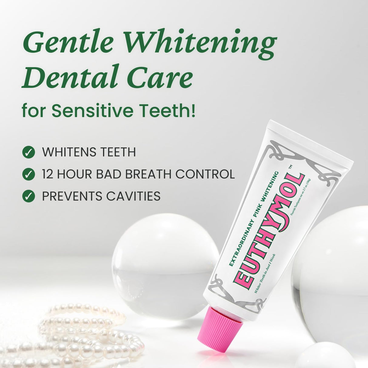 EUTHYMOL Whitening Toothpaste (3.7fl oz*5, Pack of 5) - Stain Removal in 2 Weeks, Long-Lasting Freshness for Sensitive Gum & Teeth. Bad Breath, Cavity Prevention. Recyclable Aluminum Tube