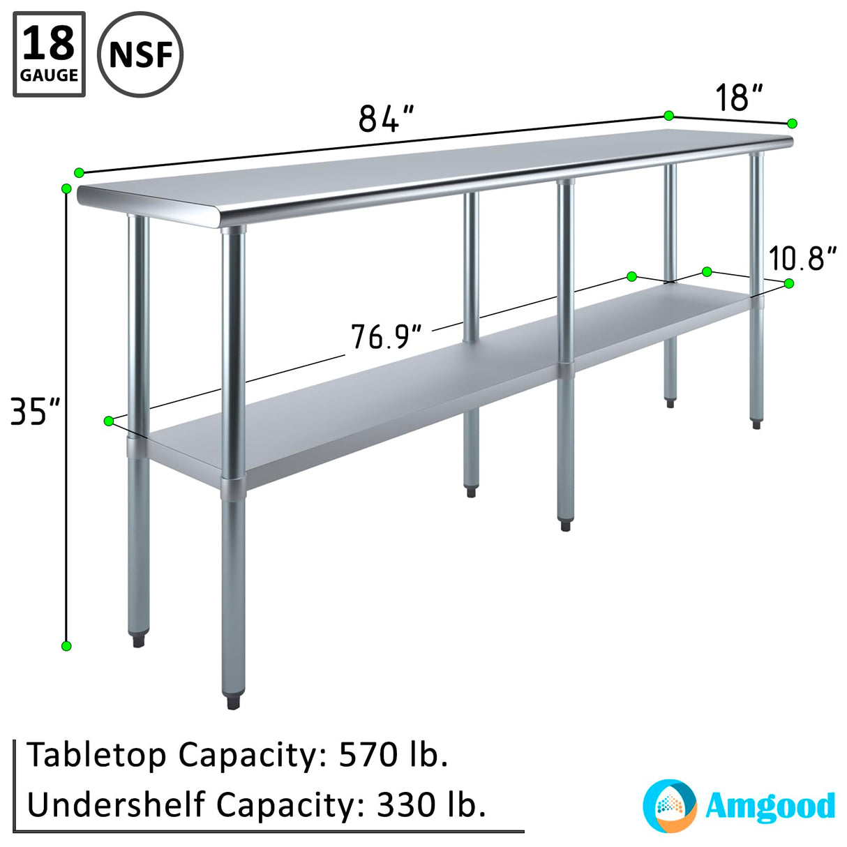 AmGood 18 in. x 84 in. Stainless Steel Work Table | Metal Kitchen Food Prep Table | NSF