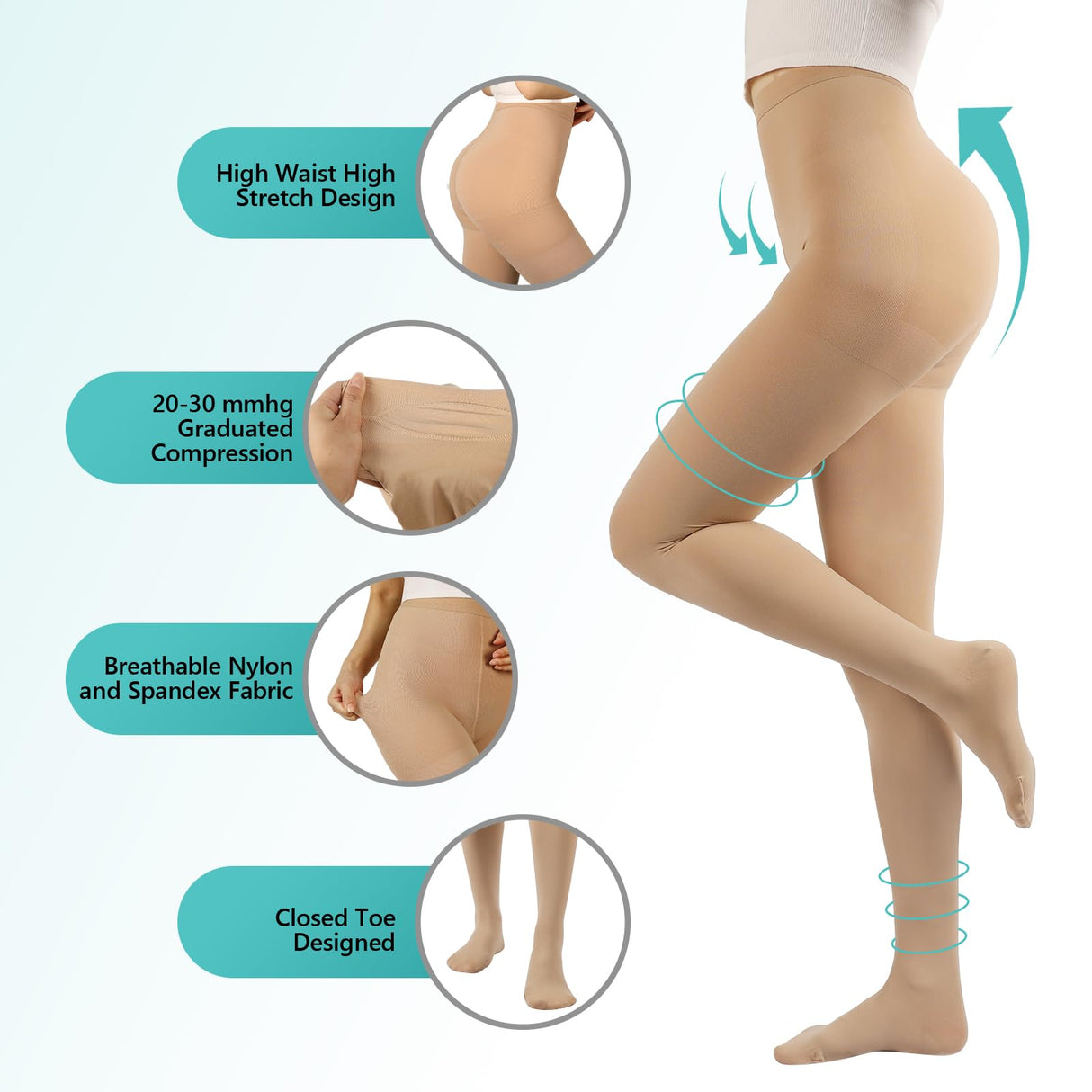 Compression Pantyhose Stockings for Women Men, 20-30 mmHg Medical Graduated Support Opaque Closed Toe Hose Tights