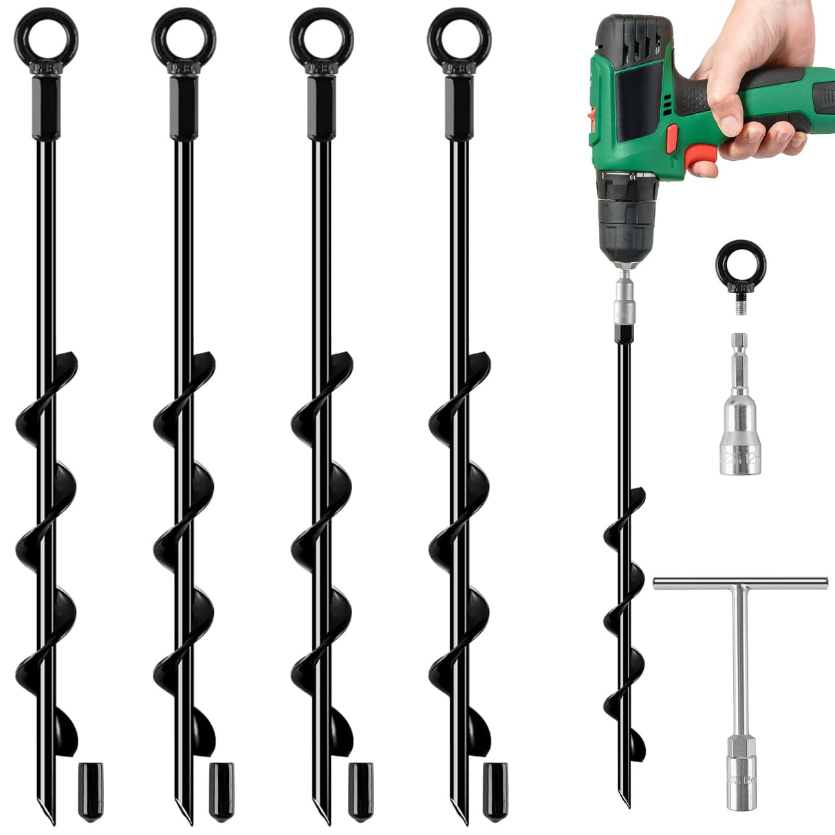 Fabulas Ground Anchors Screw in, 18 Inch 4 Pack Spiral Swing Set Trampoline Earth Anchor Heavy Duty Metal Auger Stakes Kit for Shed Tent Tree Dog High Wind Carports Camping Mobile Home Greenhouse