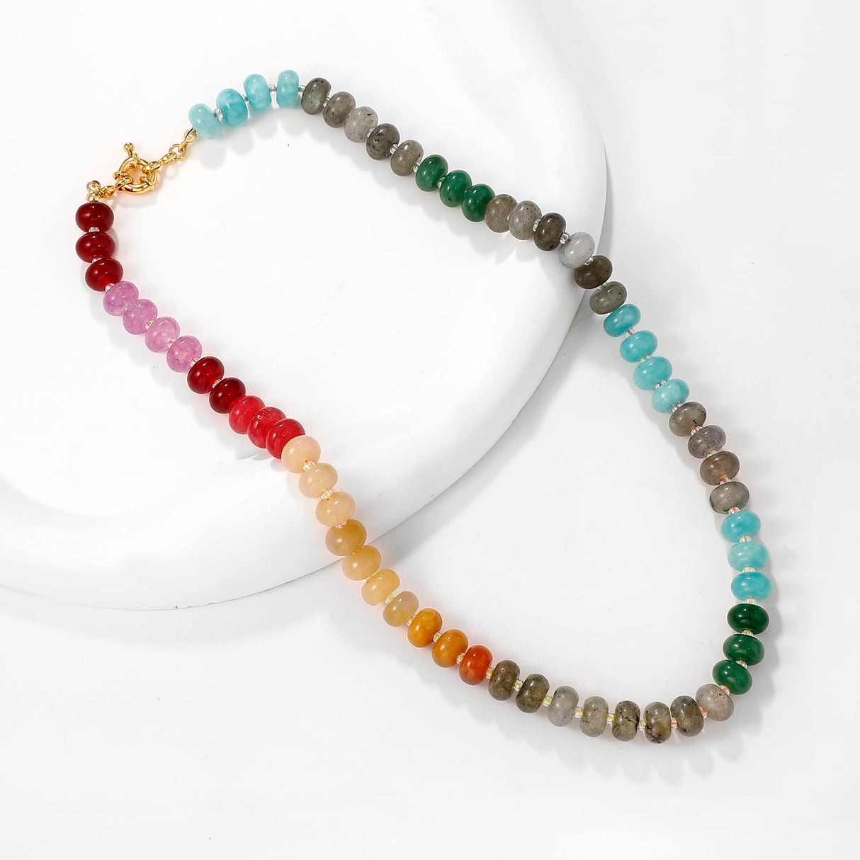 Zissunbeam Bead Gemstone Choker Necklace for Women,Colorful Natural Stone Beaded Statement Boho Beach Charm Necklace Jewelry for Women,Rainbow Stone Charm Trendy Necklaces