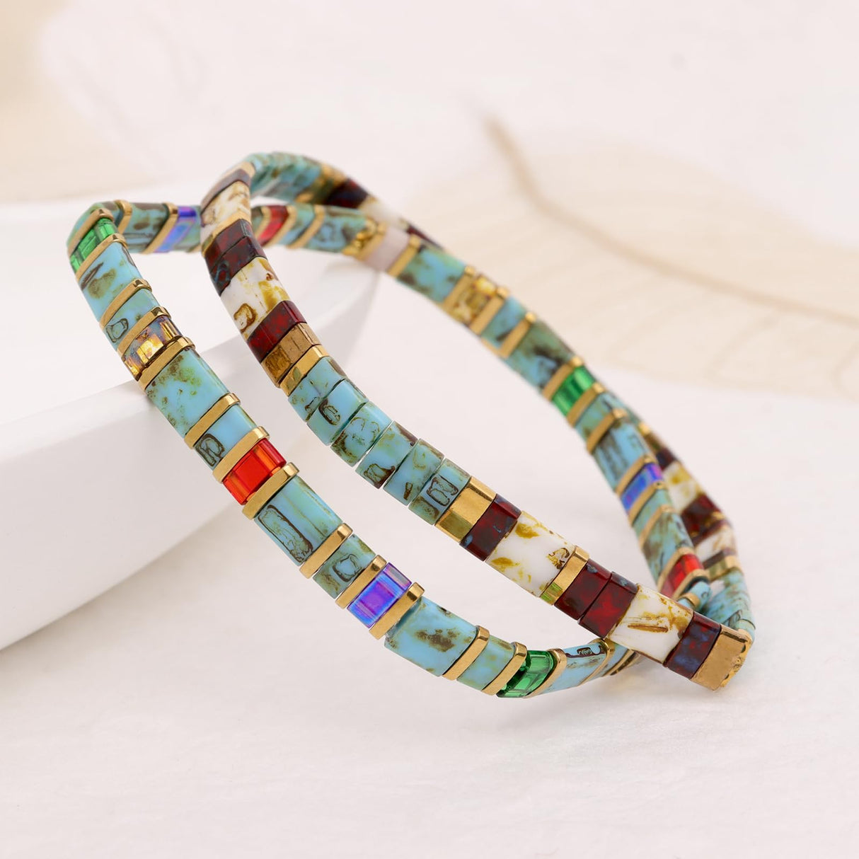 Tyebiva Tila Flat Beaded Bracelets Set for Women, 4Pcs Trendy Handmade Glass Turquoise Colorful Stack Beads Stretch Bracelet Festive Holiday Accessories Jewelry Gift.