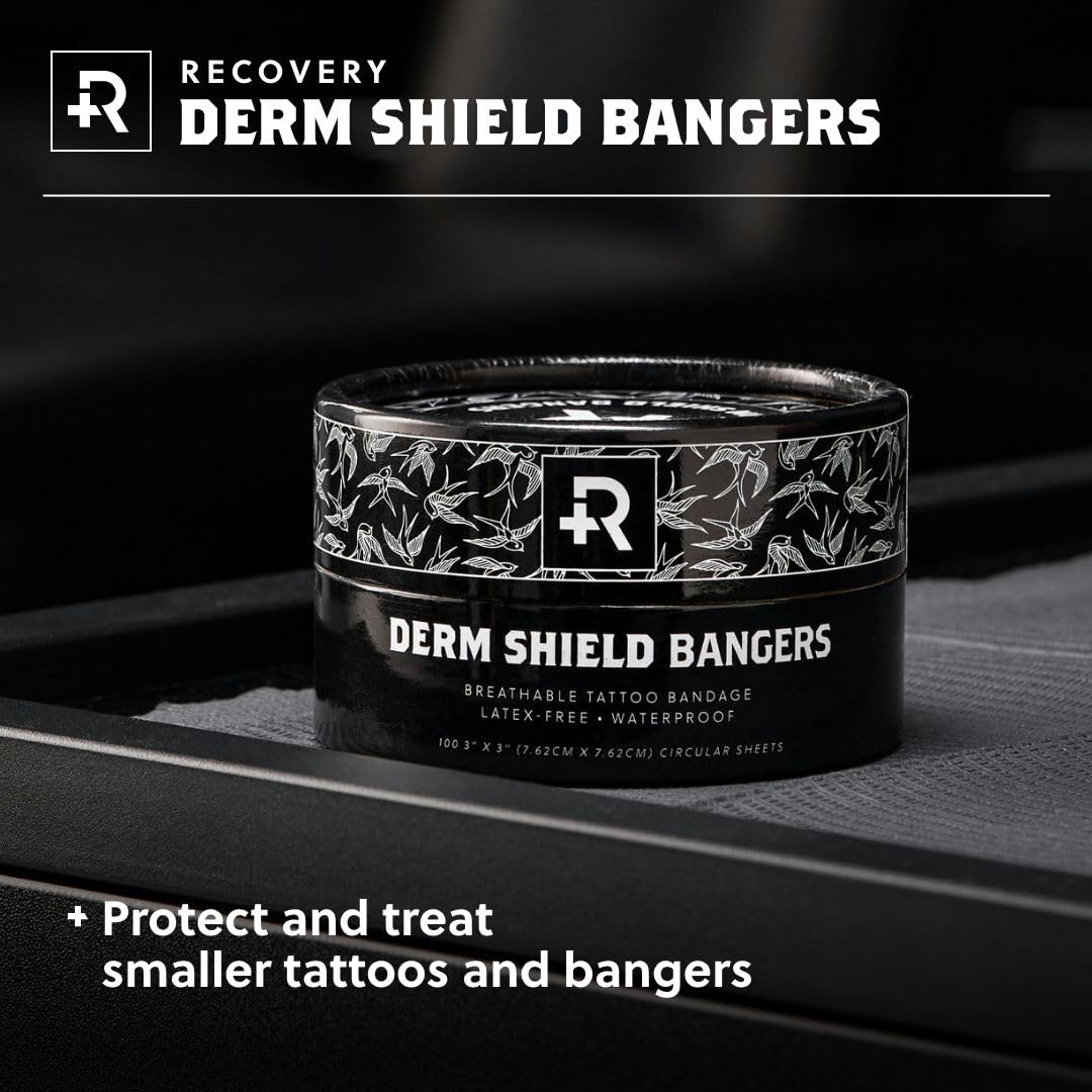 Recovery Derm Shield Bangers Tattoo Aftercare Bandage, Waterproof, Latex-Free Adhesive, Breathable, Care Products, Clear, Circular 3” Diameter, Tub of 100