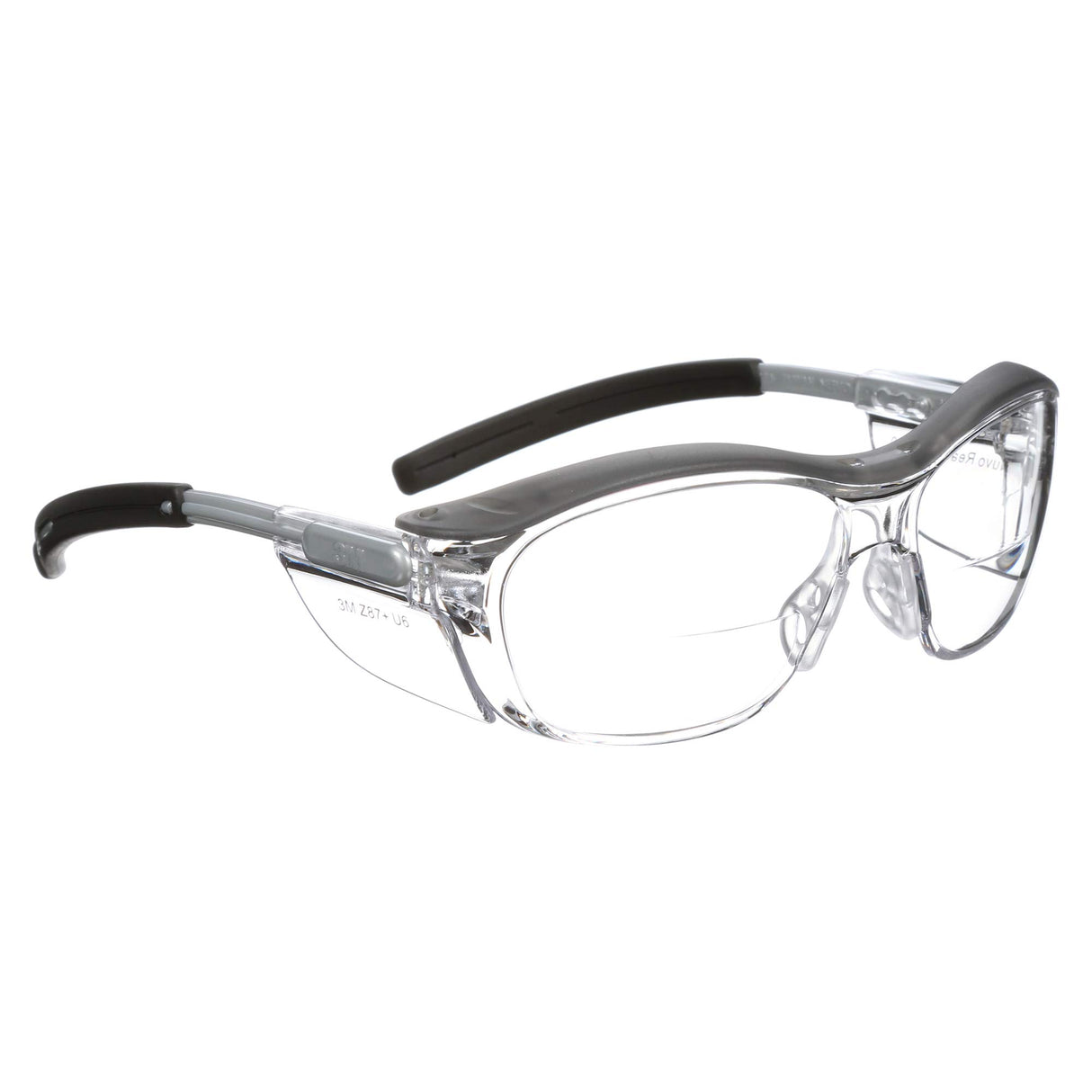 3M Safety Glasses with Readers, Nuvo Readers, +2.0 Diopter, Pack of 1, ANSI Z87, Clear Lens, Gray Frame, Soft Nose Bridge, Side Shields