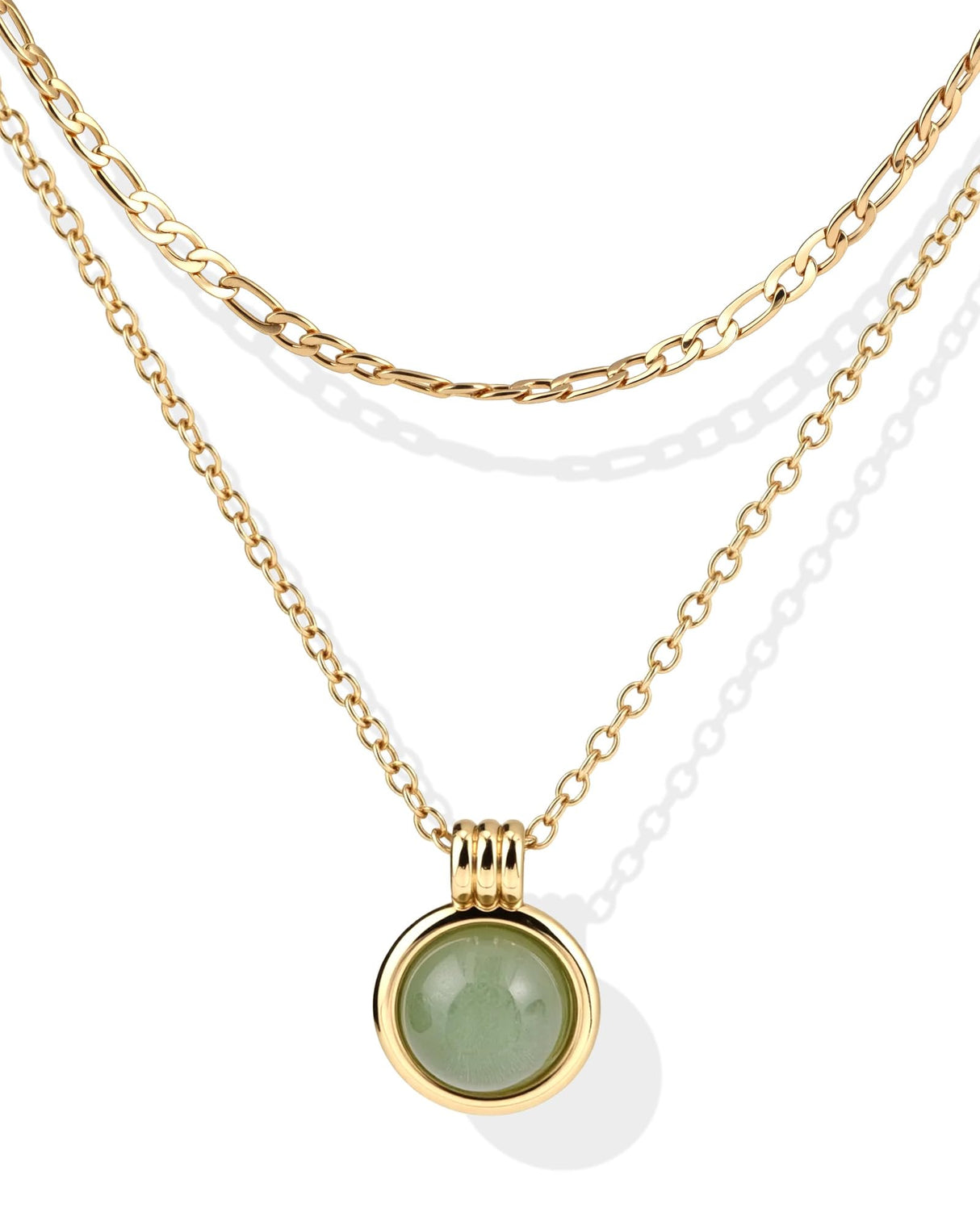 Zikichiky 14K Gold Plated Layered Necklaces for Women-Green Jade & Red Stone Pendant Figaro Chain Necklaces Non Tarnish, Stackable Choker Gemstone Jewelry Gifts