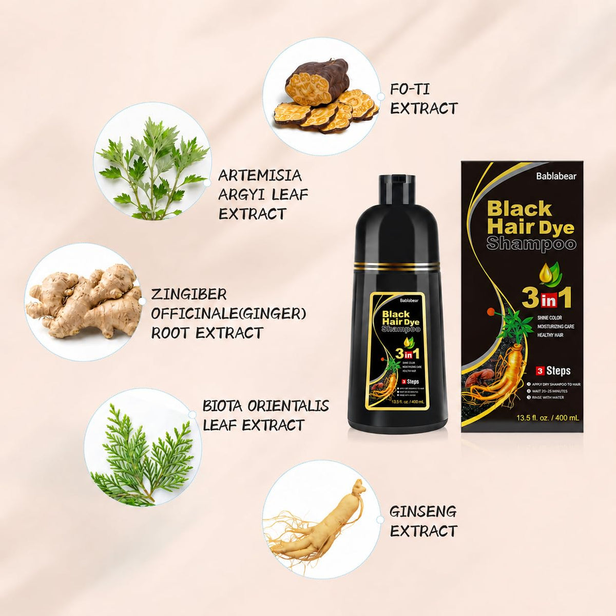 Bablabear Black Hair Dye Shampoo for Gray Hair,Hair Color Shampoo for Women and Men, Grey Coverage.