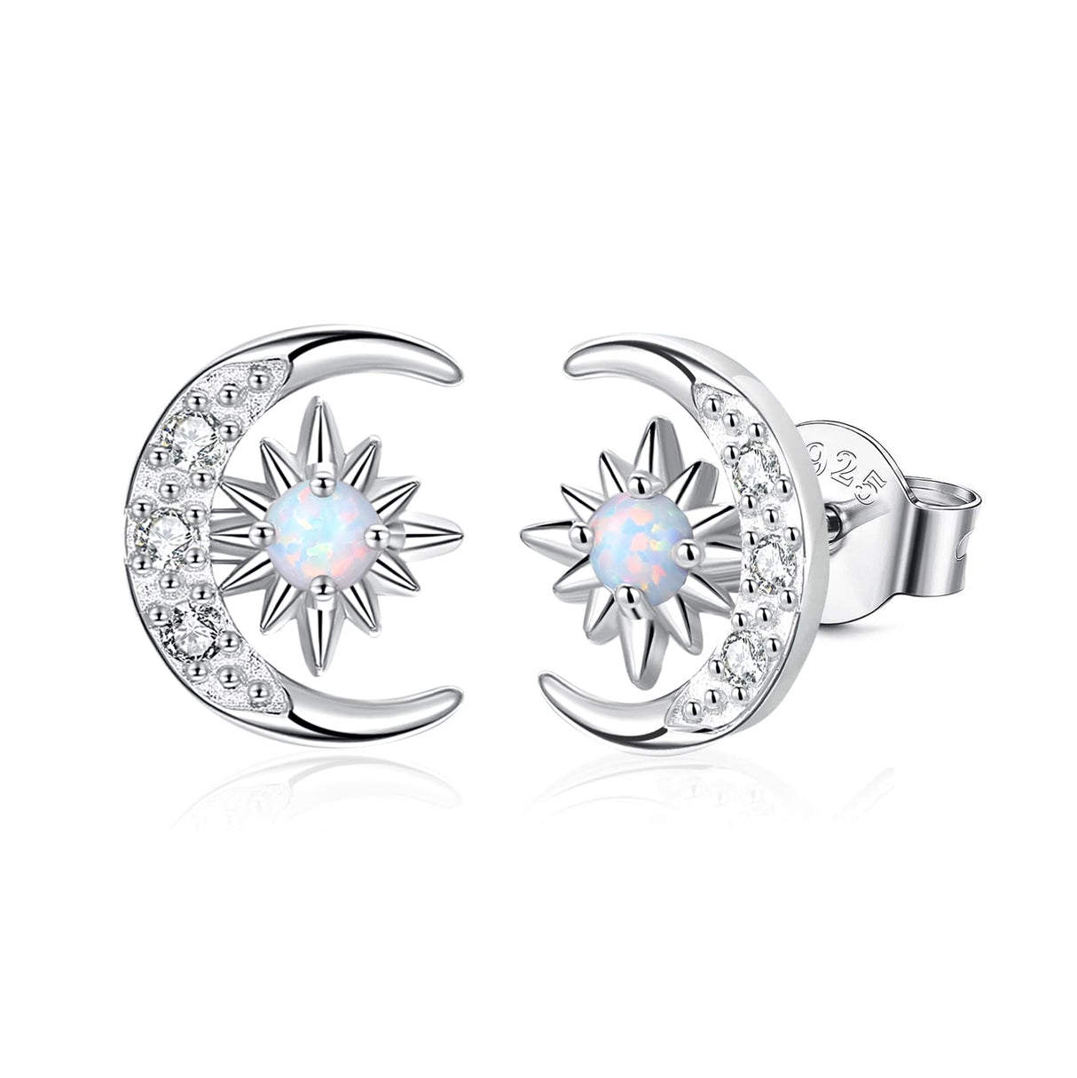YZSFMZGE Moon and Star Earrings 925 Sterling Silver Opal Stud Earrings for Women - Hypoallergenic Sun and Crescent Moon Jewelry Gift for Sensitive Ears