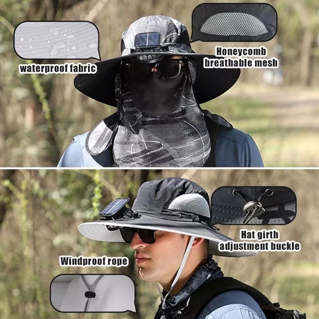 2025 New Ultralight Solar Fan Sun Hat, Wide Brim Solar Fan Hat Outdoor Fishing, Men Rechargeable UPF50+, Waterproof (H)